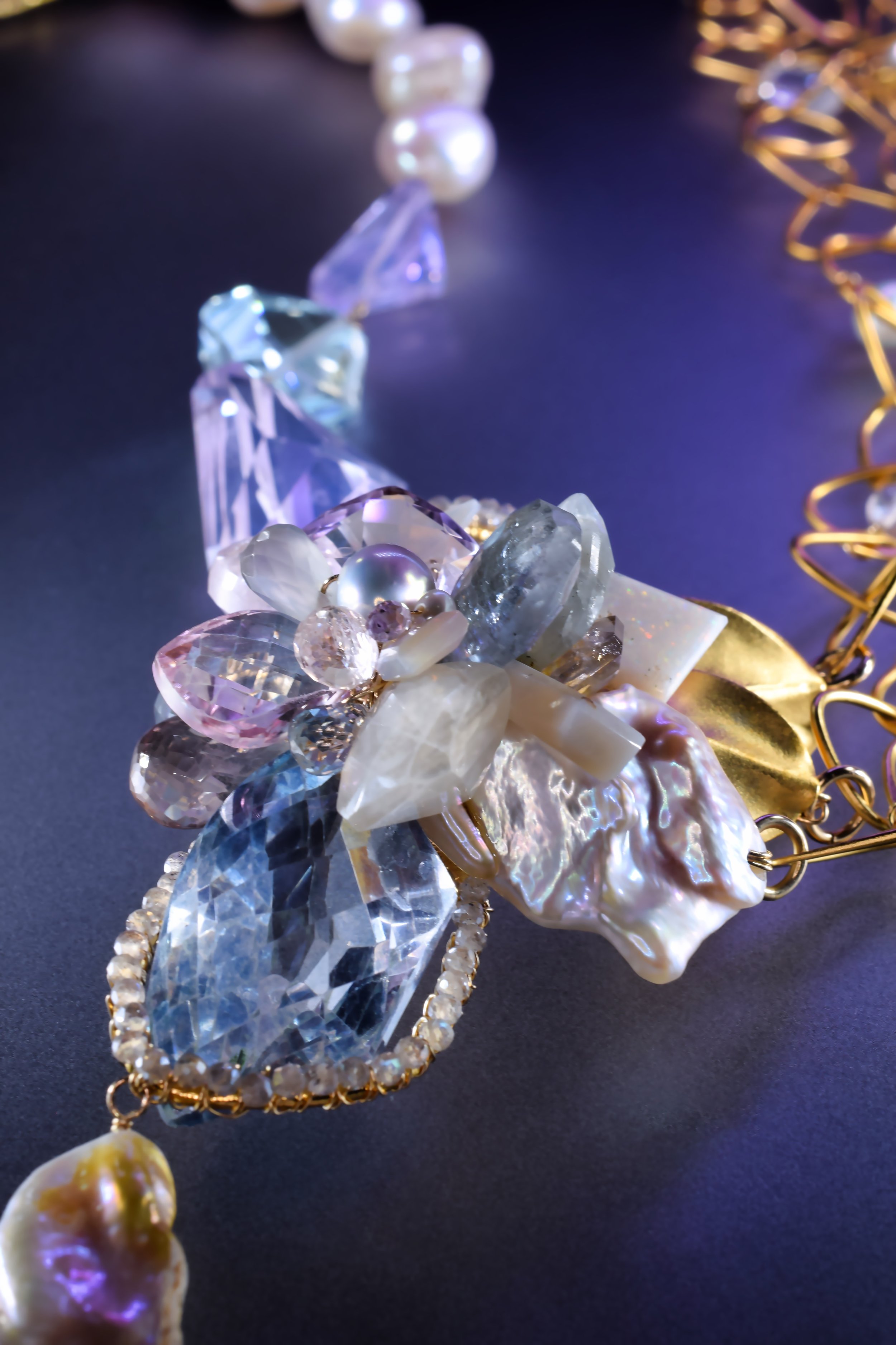 symmetric pastel drop necklace with mystic quartz and keshi pearls