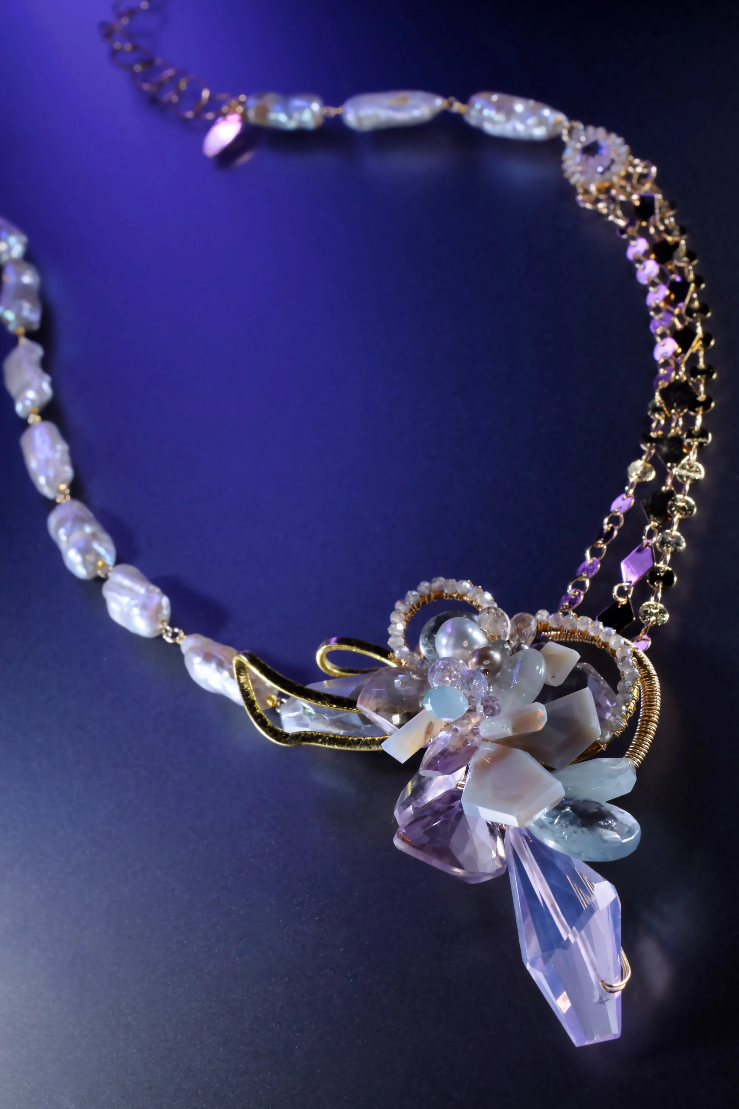 pastel gemstone necklace with Biwa pearl chain and sequin gold links