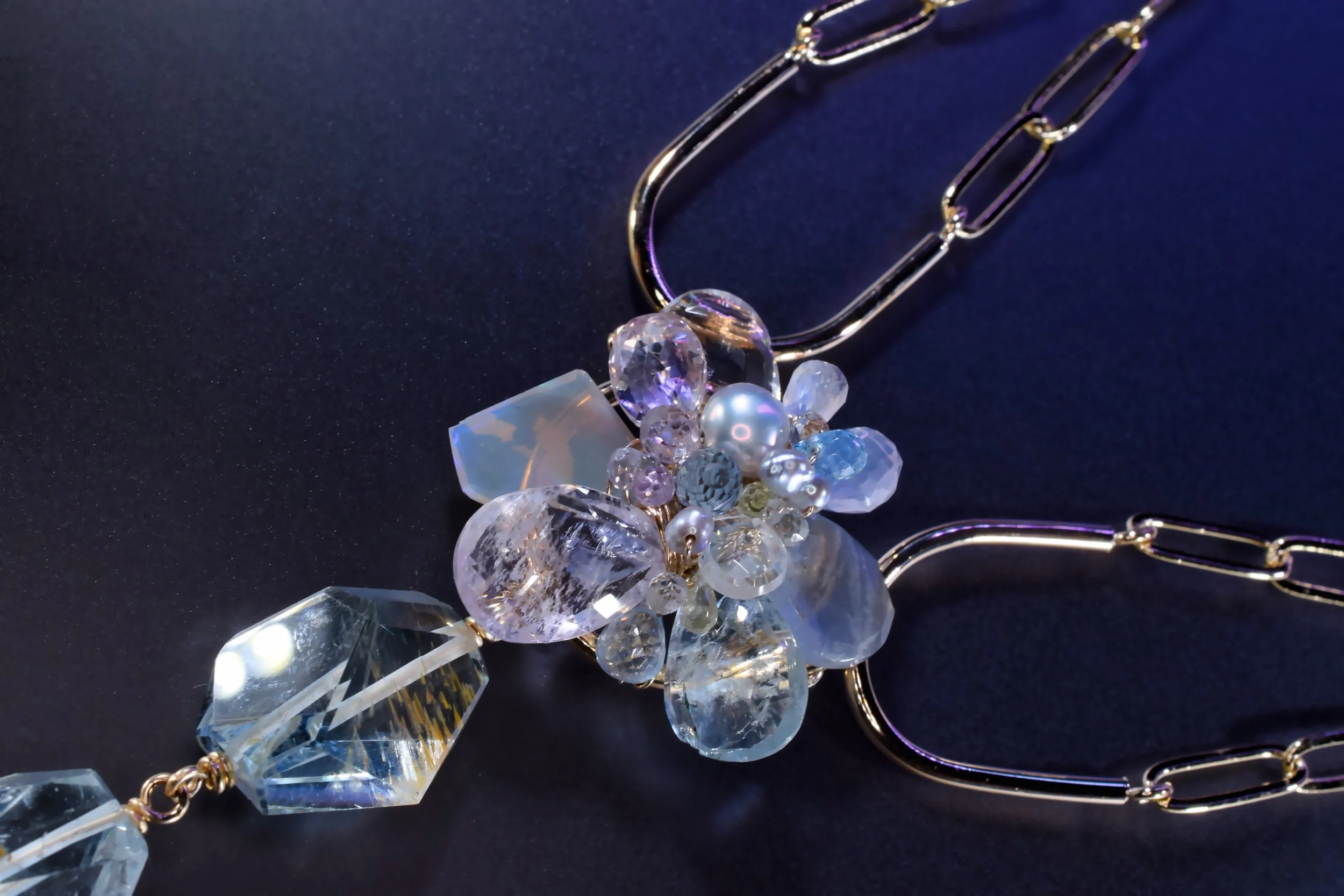 Artistic gemstone necklace with Japanese Akoya pearls