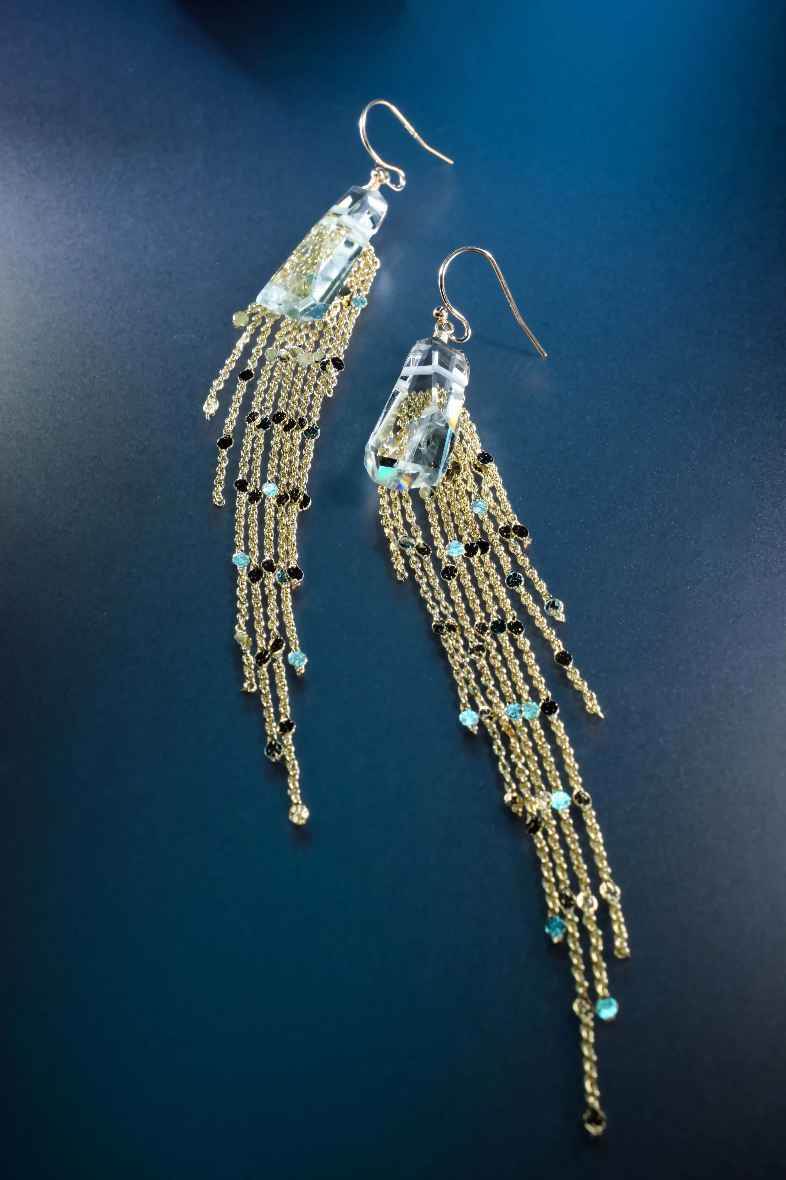 Green amethyst tassel earrings with gold sequin chains