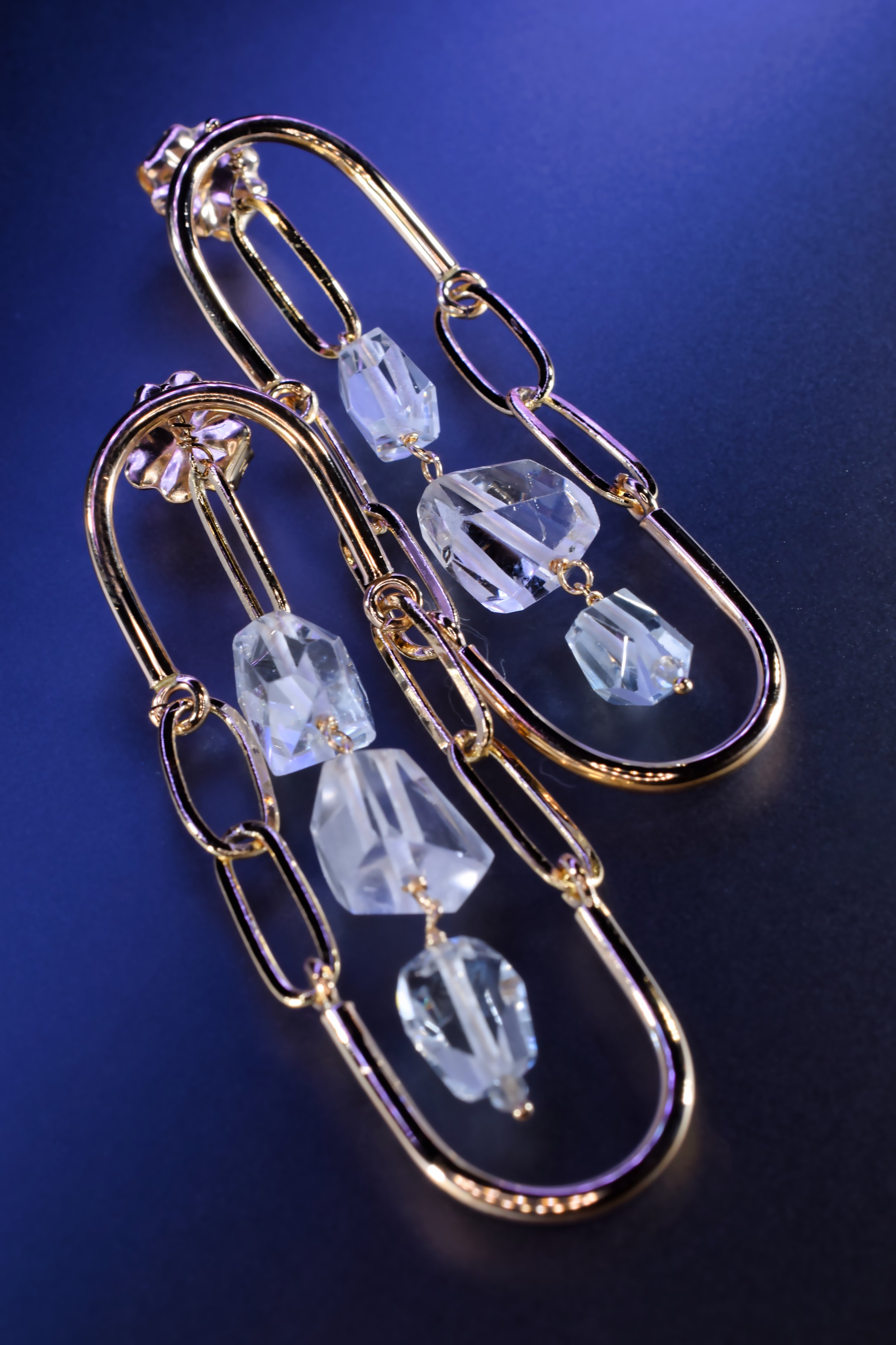 Gold Paperclip Chain Earrings with Aquamarine by Jewelry Designer Andrea Li