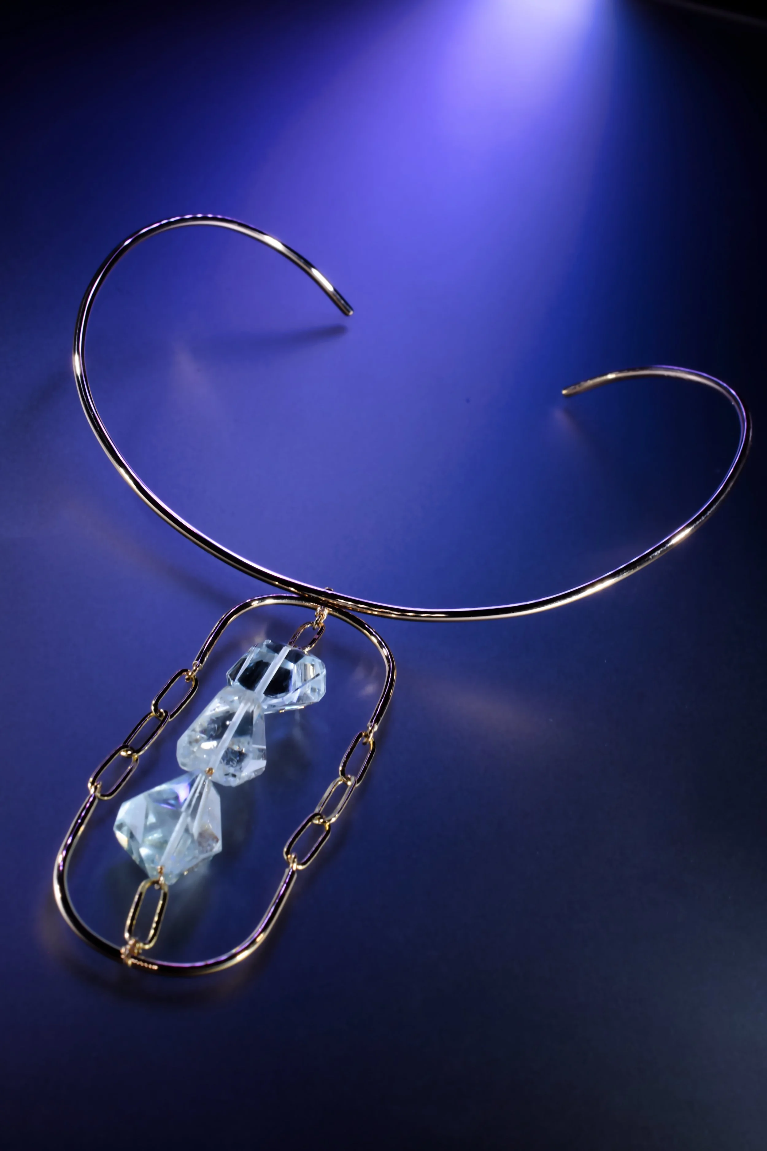 Blue gemstone drop choker with topaz and gold-filled paperclip chain by jewelry designer Andrea Li