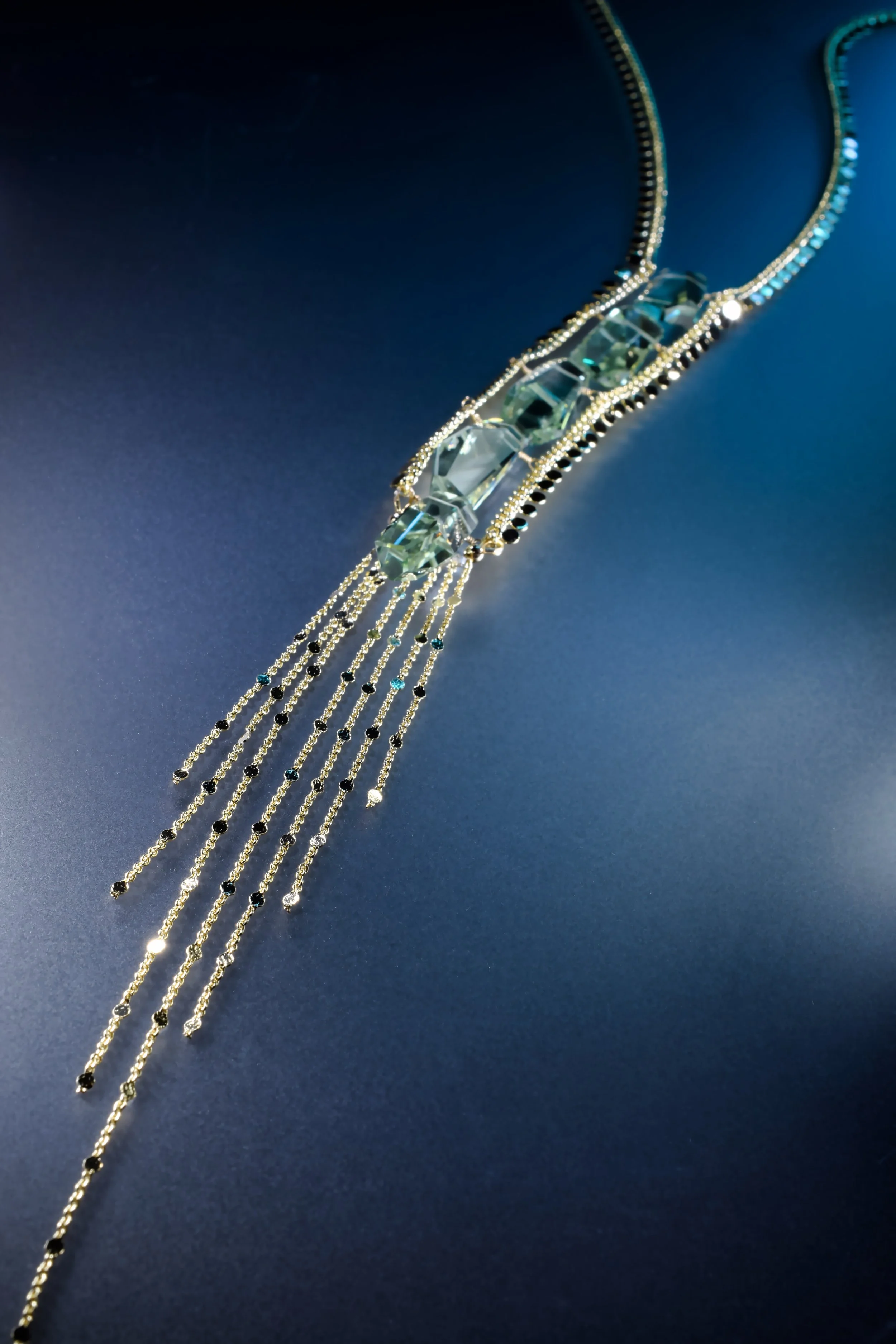 Green amethyst tassel drop necklace with gold sequin chains