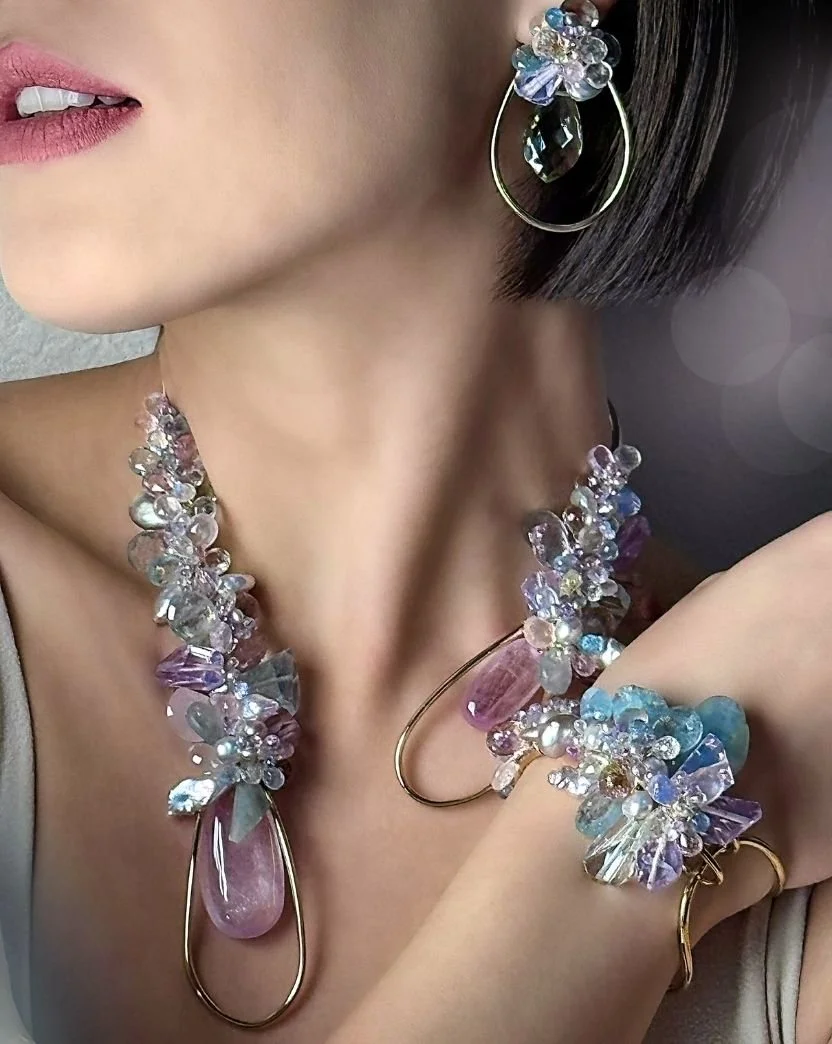 model wearing pastel choker bracelet and earrings.jpg