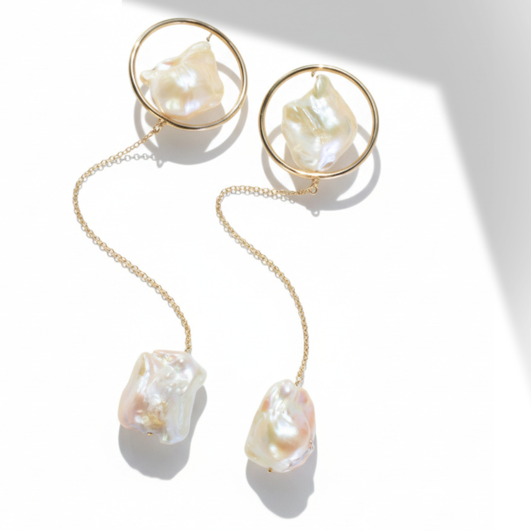 Baroque pearl and gold frame drop earrings