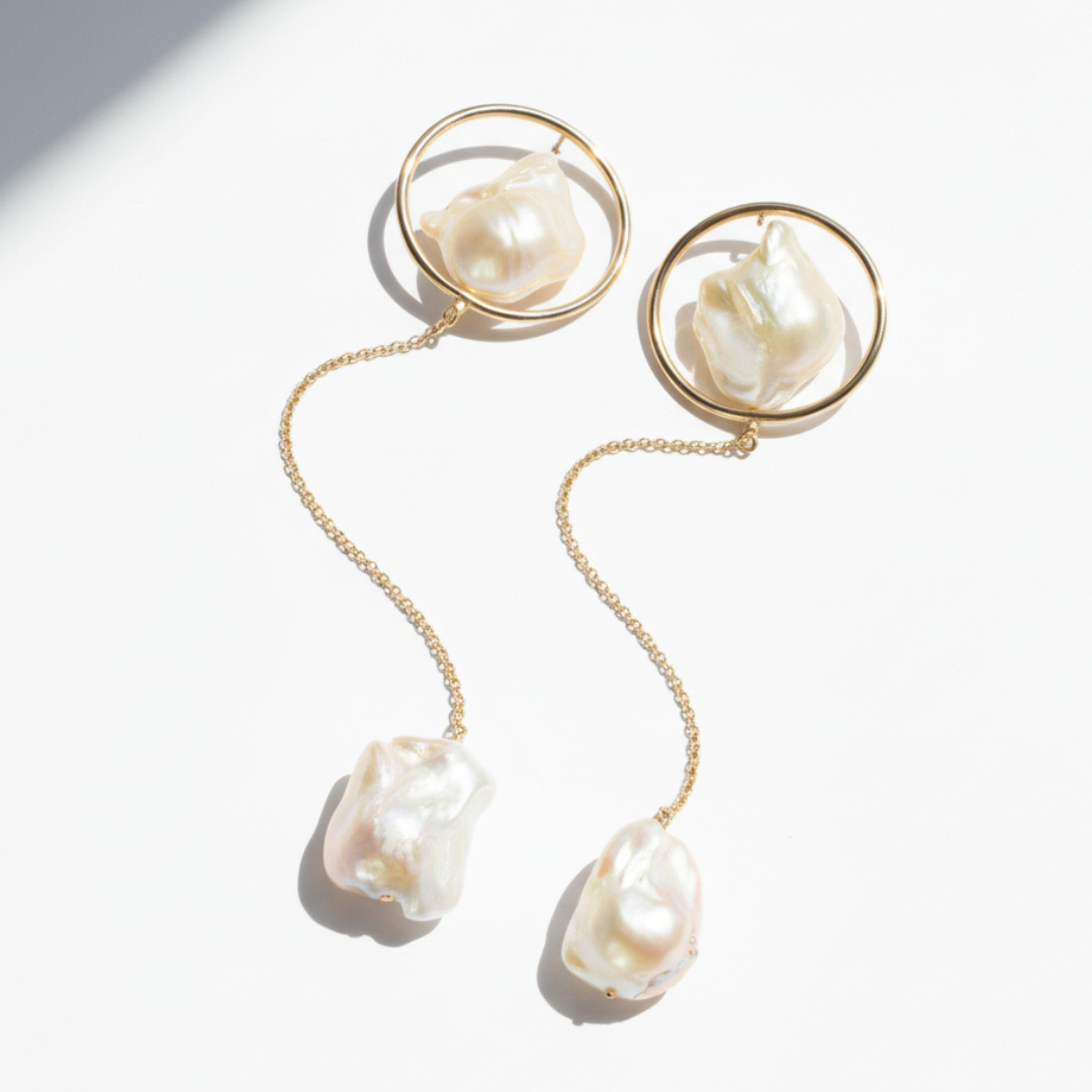 Baroque pearl and gold frame drop earrings
