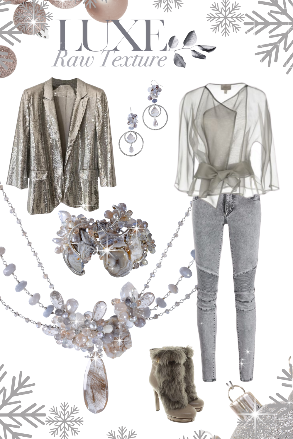 outfit with druzy and gemstone necklace, bracelet, and earrings