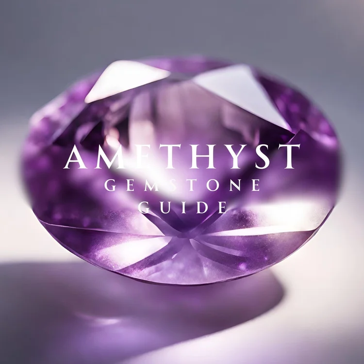 large sparkling amethyst gemstone with amethyst gemstone guide text