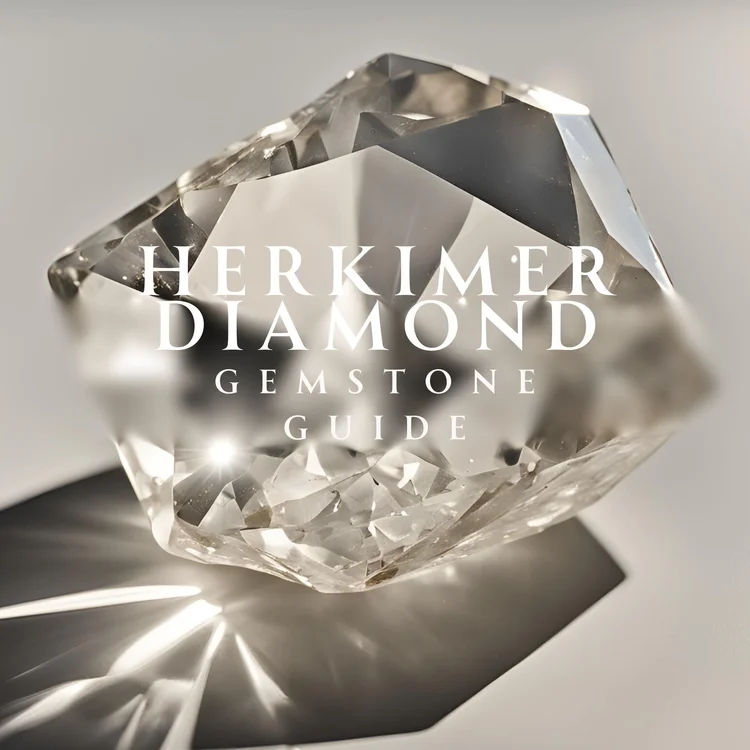 large Herkimer diamond sparkline in the sunlight with Herkimer diamond gemstone guide text