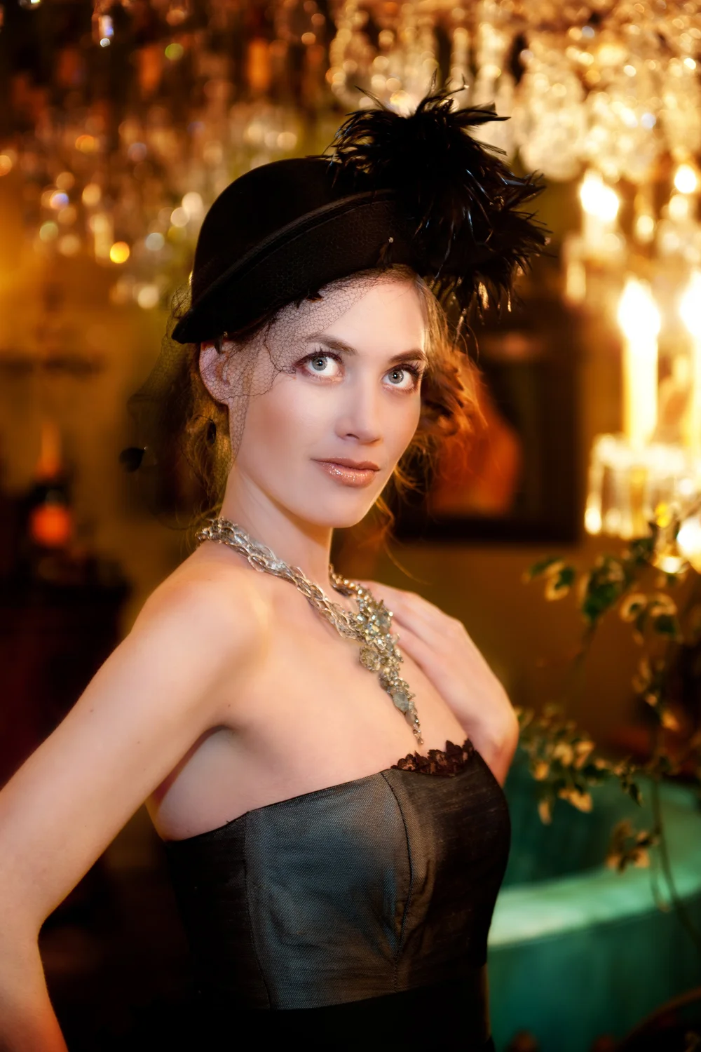 Model in a vintage outfit wearing Andrea Li vintage jewelry