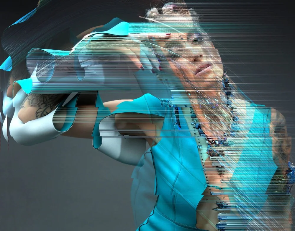 Woman in blue dress and colorful art jewelry and digital effects