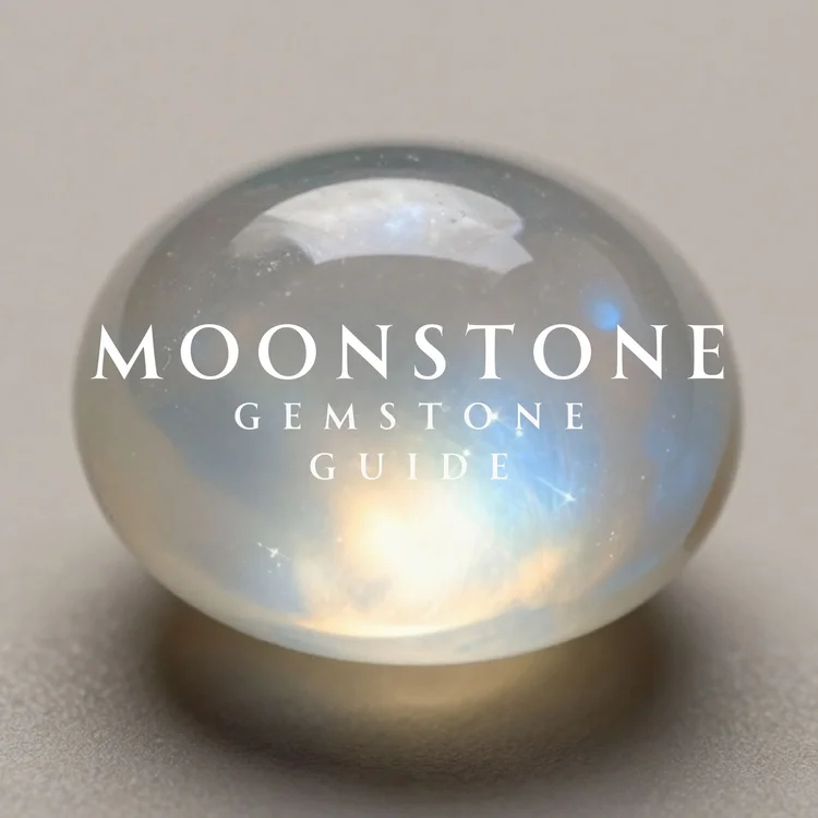 Close-up graphic of a glowing moonstone cabochon with the words “Moonstone Gemstone Guide” overlaid on a soft neutral background.