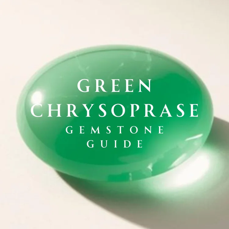A smooth apple-green chrysoprase cabochon with the words Green Chrysoprase Gemstone Guide