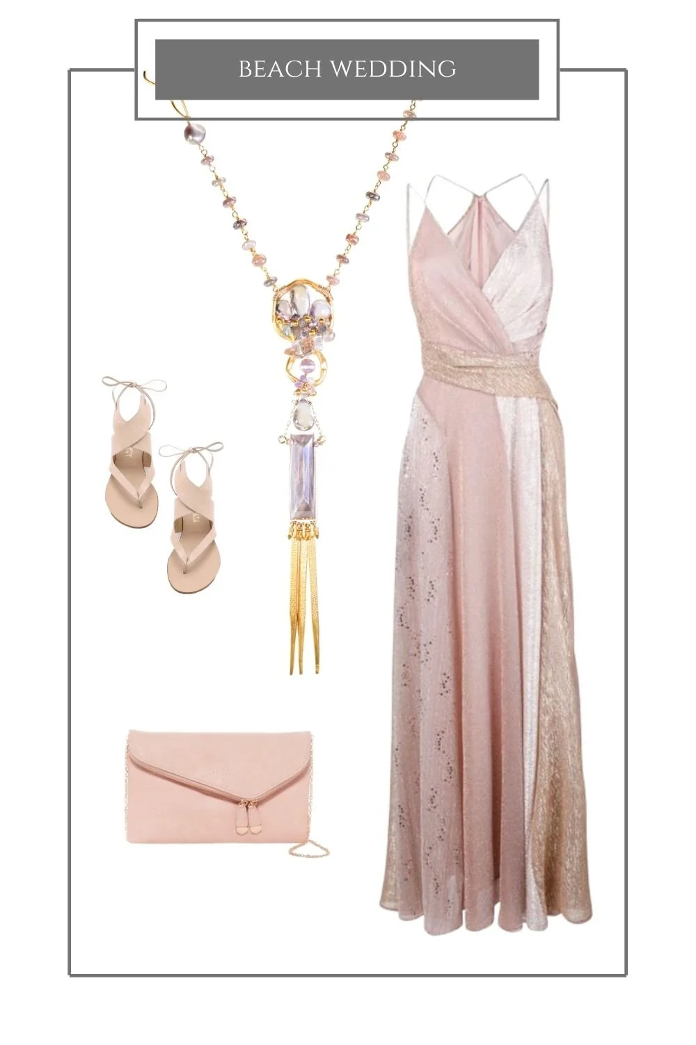 Beach wedding styling board: a pink satin halter gown, a long gemstone pendant necklace with gold fringe, flat sandals and a blush clutch