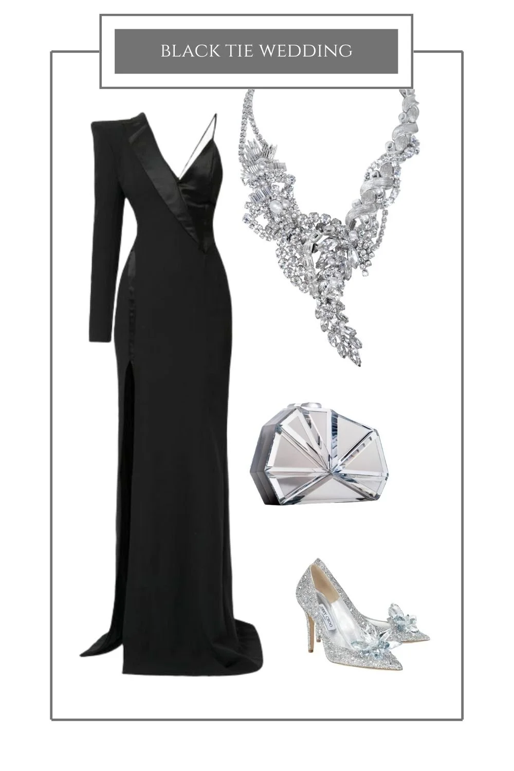 Black tie wedding styling board: a black one-shoulder gown, a silver crystal statement necklace, a silver clutch and embellished pumps