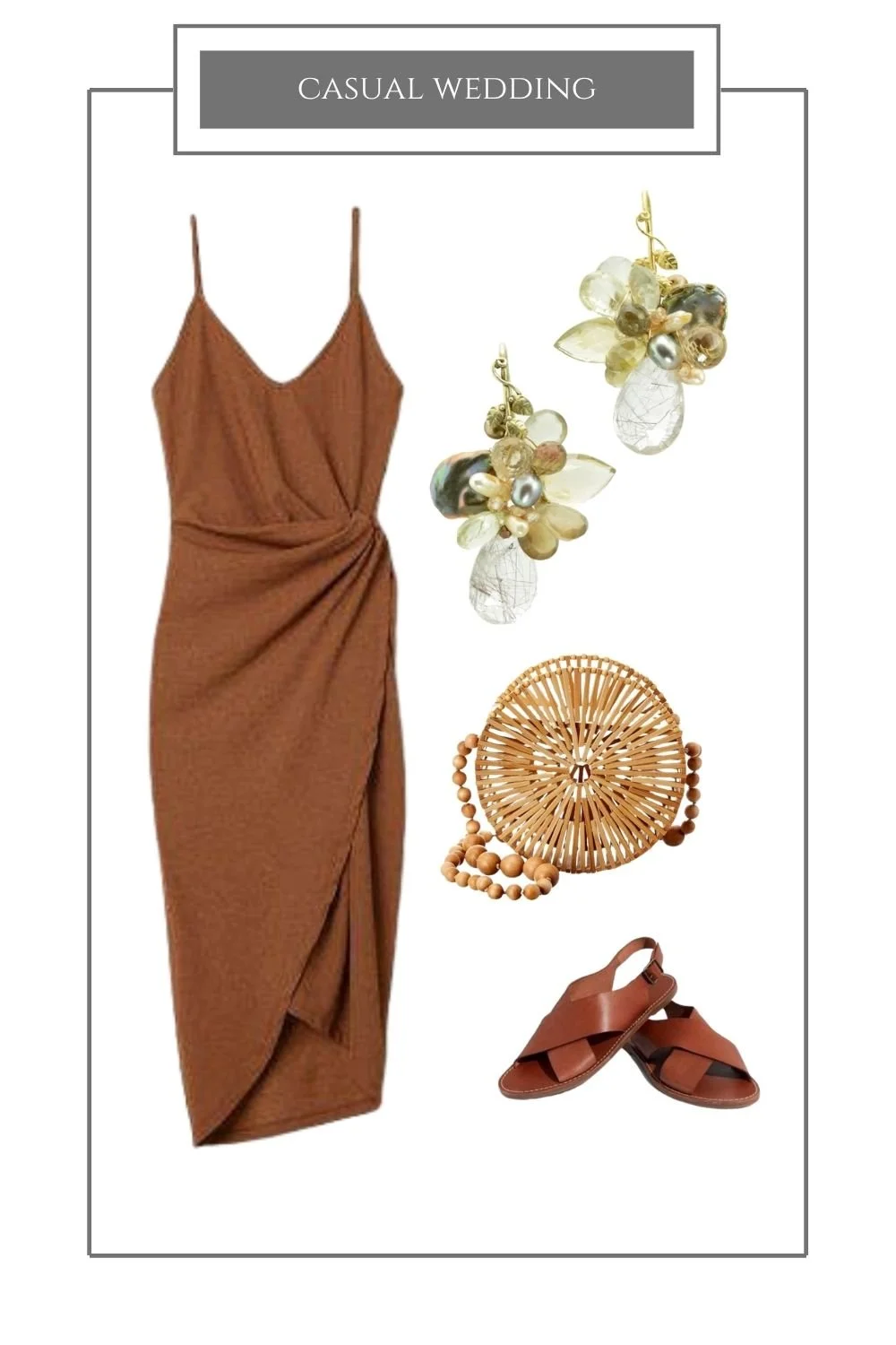 Casual wedding styling board: a rust wrap dress, gold floral earrings, a round woven bag and brown sandals