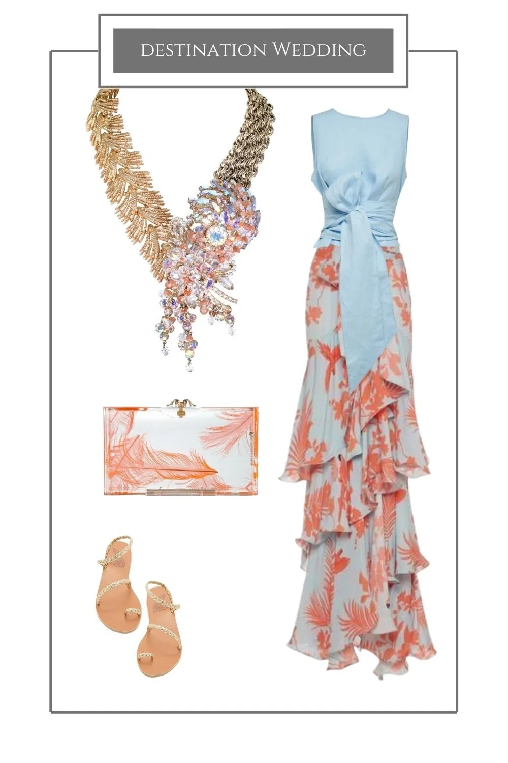 Destination wedding styling board: a blue top with a coral palm-print ruffled skirt, a gold and pink statement necklace, a clear clutch and sandals