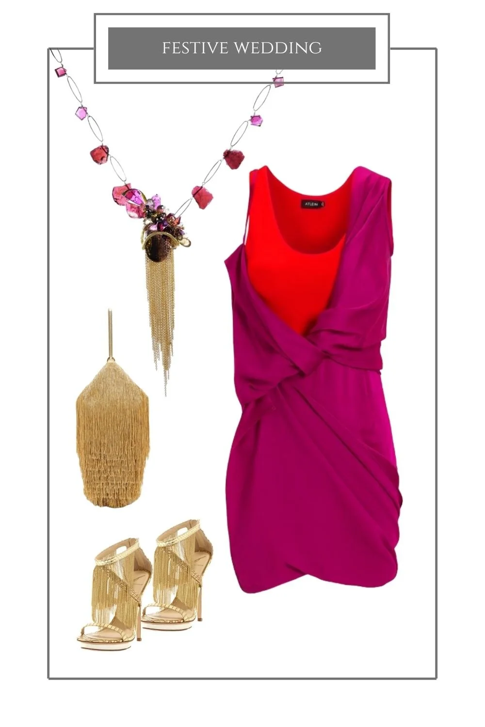 Festive wedding styling board: a magenta and red dress, a gemstone necklace with gold fringe, a beaded gold bag and gold fringe sandals