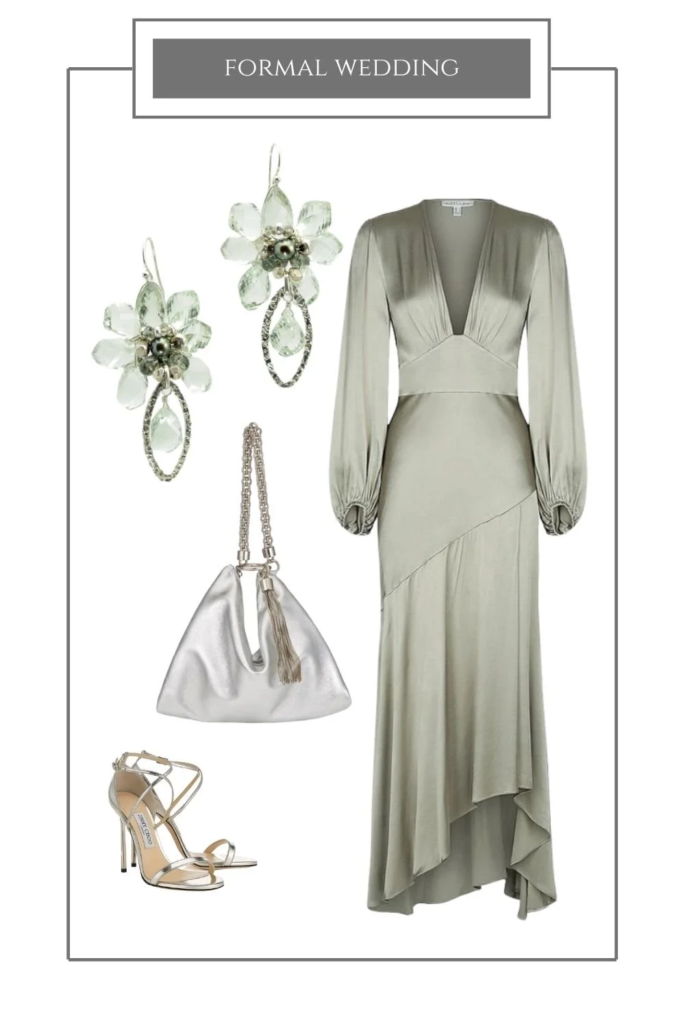 Formal wedding styling board: a sage satin gown, green gemstone drop earrings, a silver bag and strappy heels