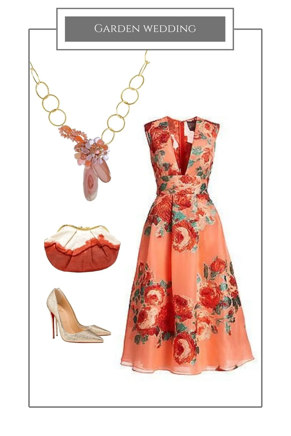 Garden wedding styling board: a coral floral dress, a gold link necklace with a pink gemstone cluster, a coral clutch and gold pumps