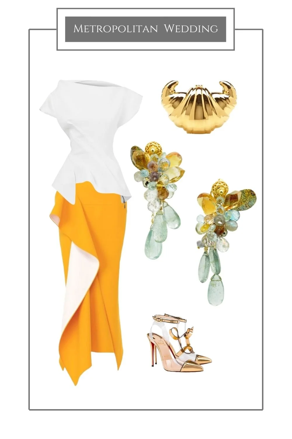 Metropolitan wedding styling board: a white and yellow sculptural dress, a gold cuff, gemstone cluster earrings and gold heels