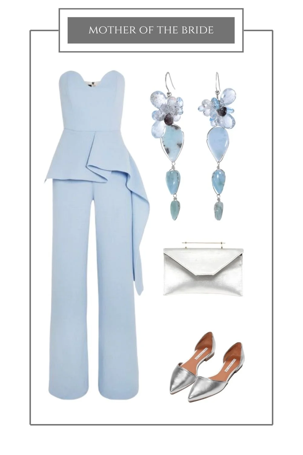 Mother of the bride styling board: a pale blue jumpsuit, blue gemstone cluster earrings, a silver clutch and silver flats