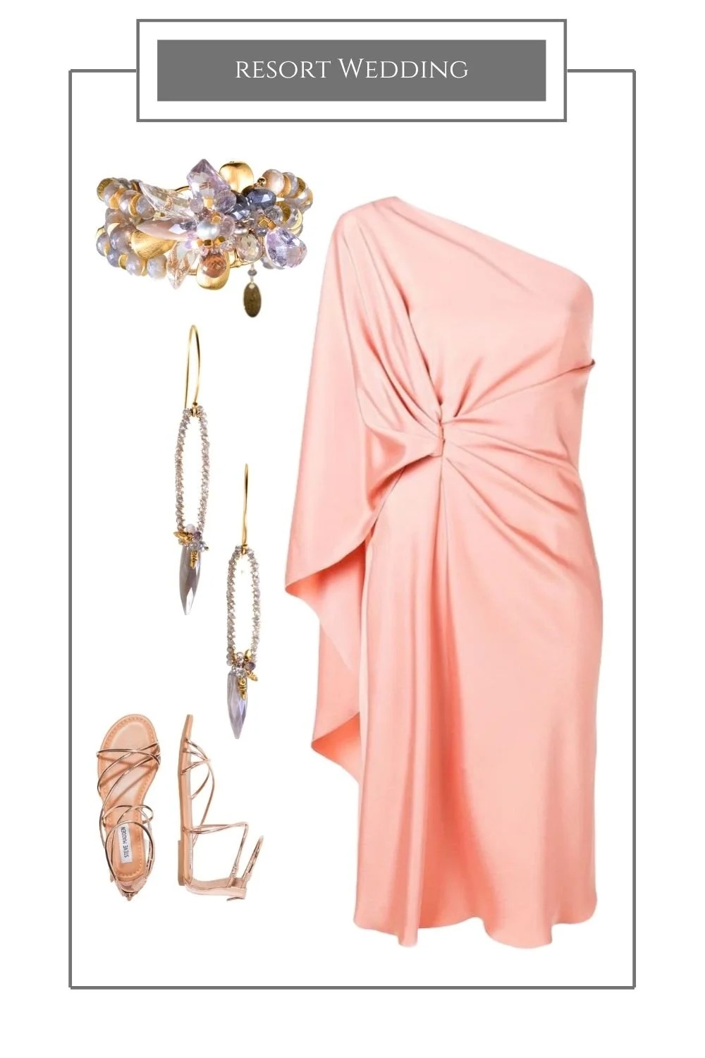 Resort wedding styling board: a pink one-shoulder dress, a gemstone cuff, long drop earrings and nude sandals