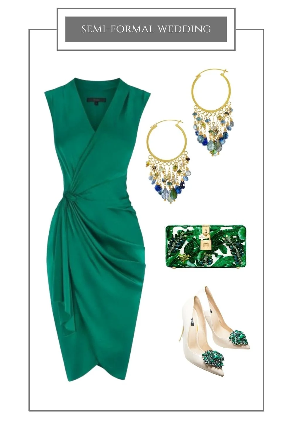 Semi-formal wedding styling board: an emerald wrap dress, blue gemstone fringe hoop earrings, a green clutch and embellished pumps