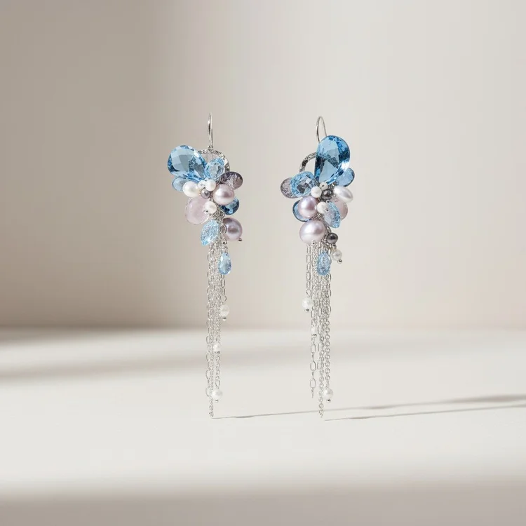 Earrings with clusters of blue and aqua faceted stones above long silver chain fringe