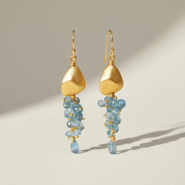 Earrings with brushed gold nuggets above clusters of blue faceted stones