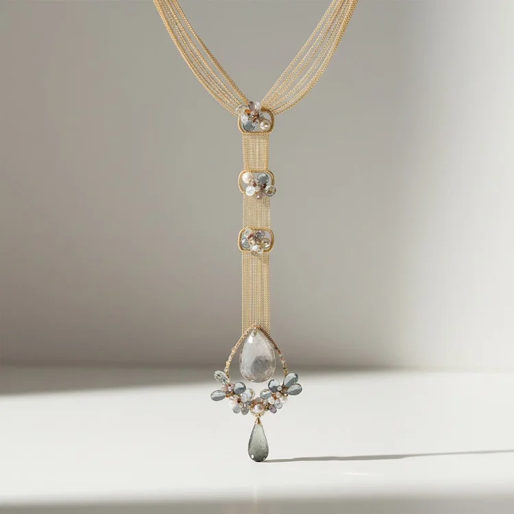 A long gold chain lariat necklace with clear stones and a smoky drop