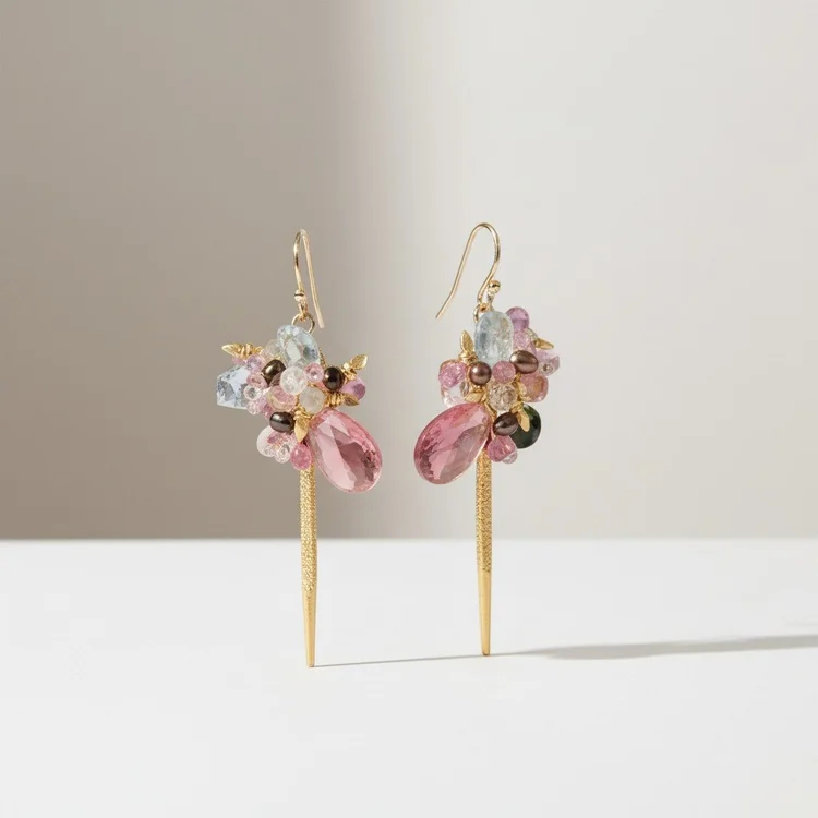 Gold fringe earrings with clusters of pink, peach and clear stones