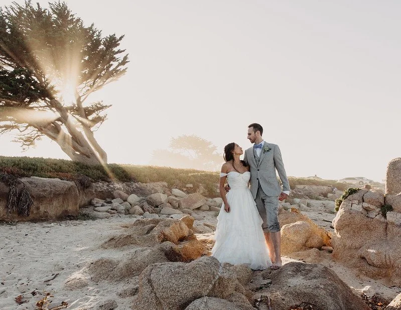 A bride in an off-shoulder gown and a groom in a gray suit on a rocky shore, sun flaring through a cypress tree