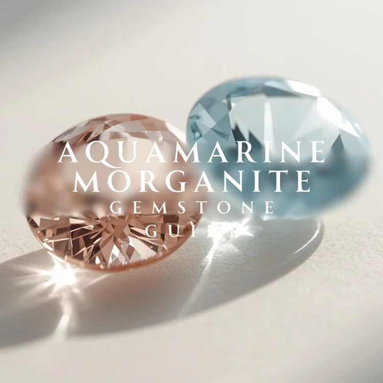 A peach morganite and a blue aquamarine side by side with the words Aquamarine Morganite Gemstone Guide
