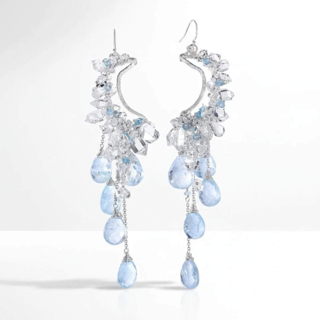 aquamarine, zircon and Herkimer diamond earrings commission