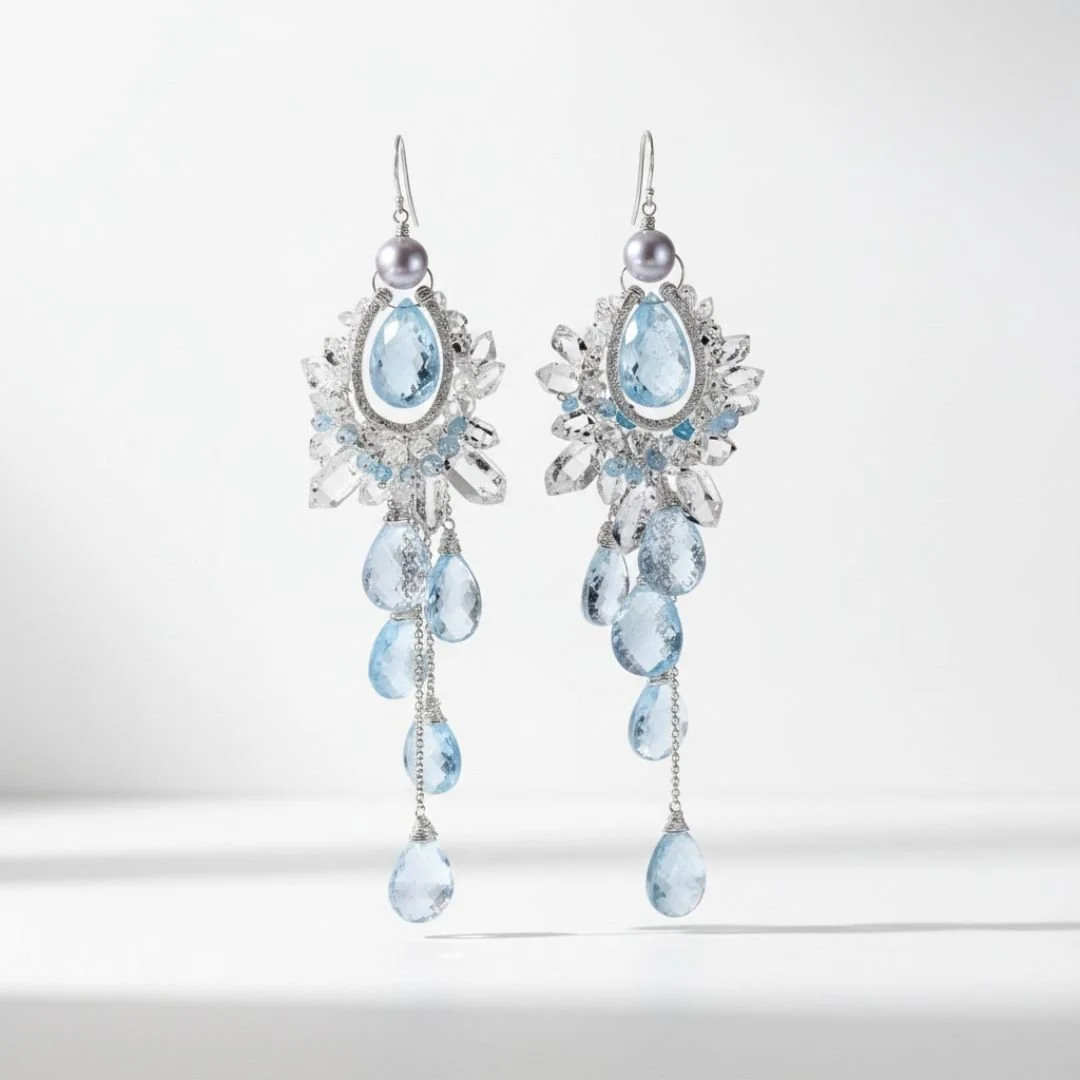 aquamarine, zircon and Herkimer diamond earrings commission