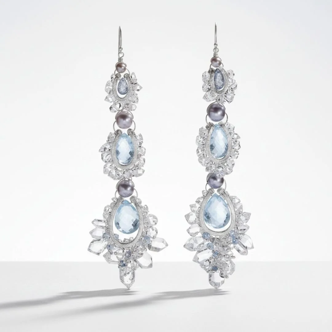 aquamarine, zircon and Herkimer diamond earrings commission