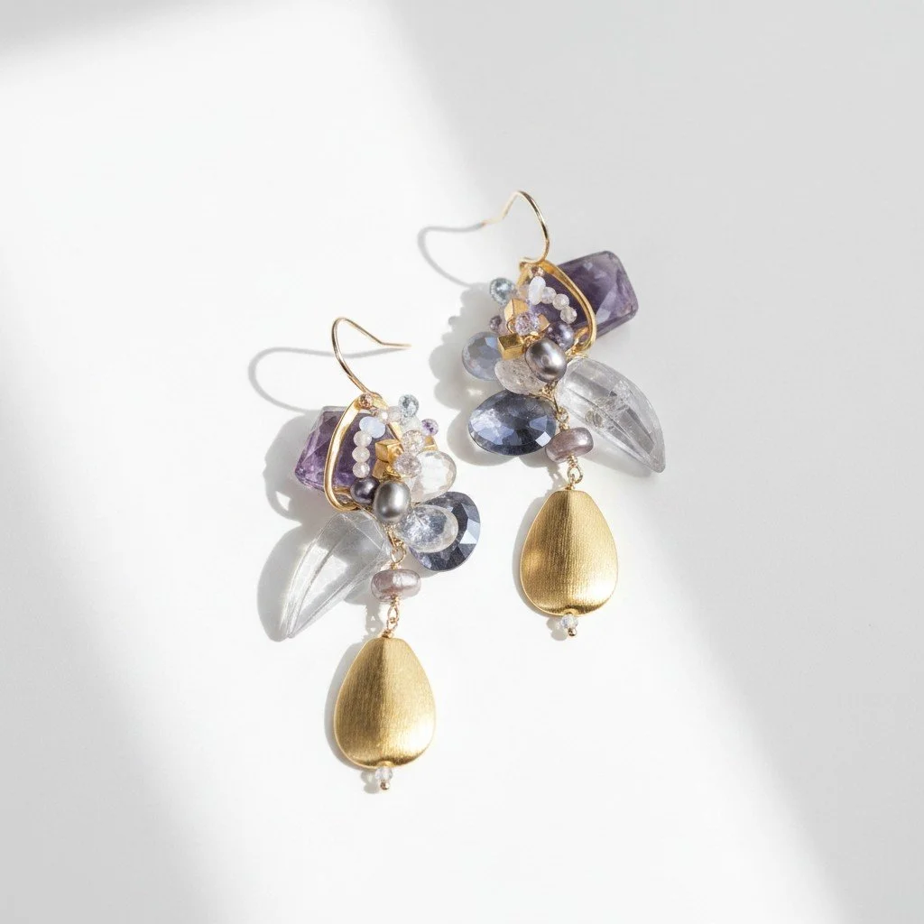 gemstone and gold tear drop earrings
