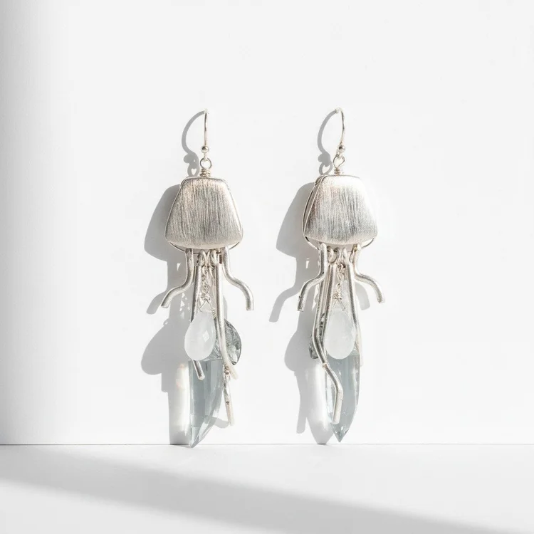 Silver jellyfish earrings with textured domes and clear crystal tentacles