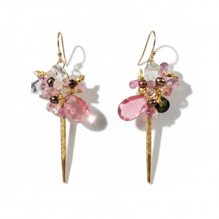 Gold spike earrings with pink and green stone clusters and pink teardrops