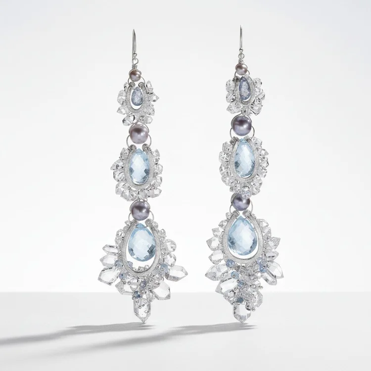 Silver three-tier chandelier earrings with pale blue stones framed in clear crystals