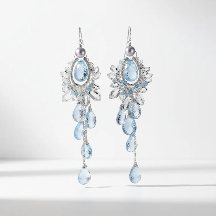 Silver earrings with pale blue teardrops framed by clear crystal petals and blue drops