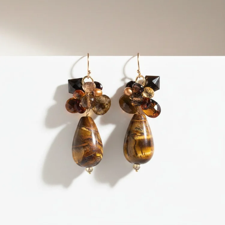 Gold earrings with smoky brown faceted stones over banded brown teardrops