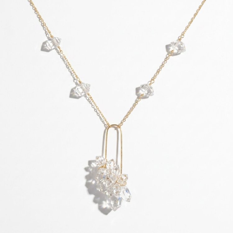 Gold chain with clear crystal stations and a cluster of clear crystals on a gold wire drop