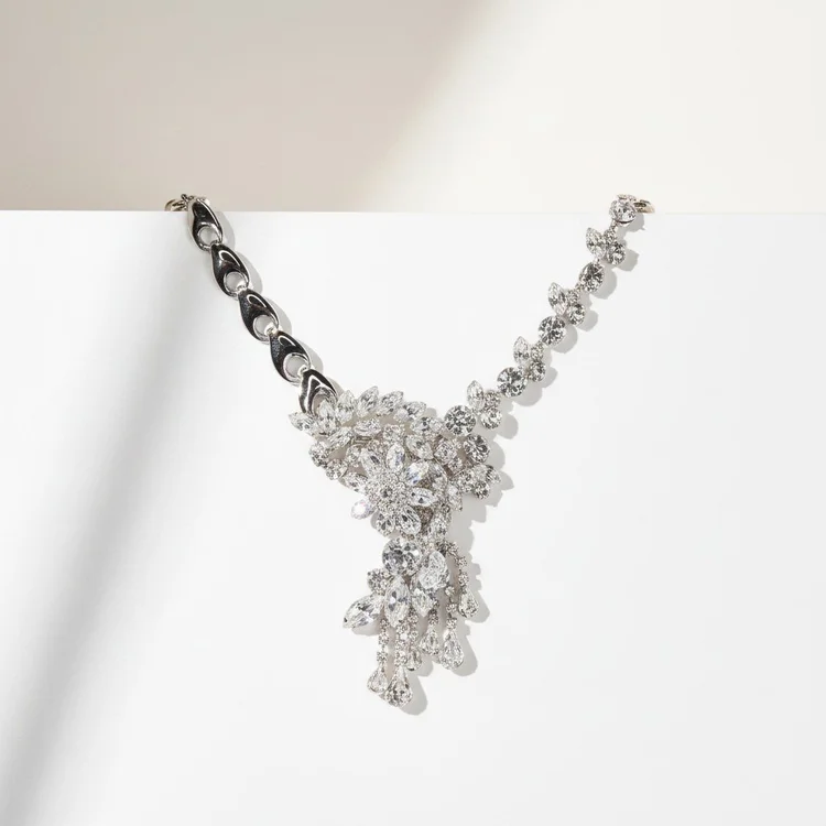 Silver and black chain collar with a cascading cluster of clear crystals