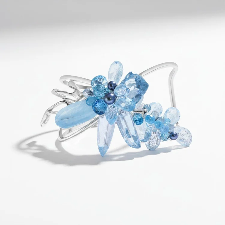 The blue crystal-point cuff seen from the front