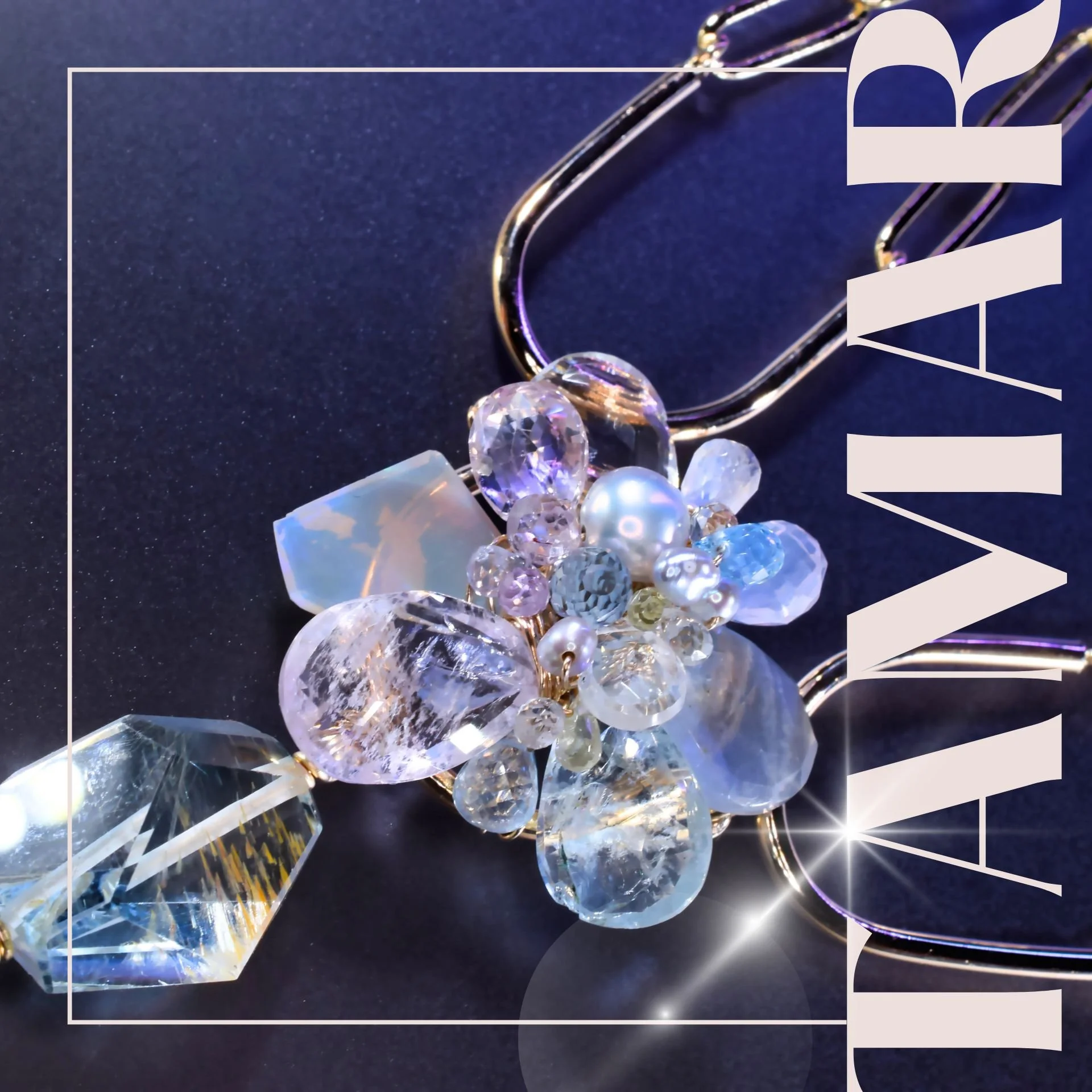 editorial image of pastel jewelry on a purple background with the words TAMAR