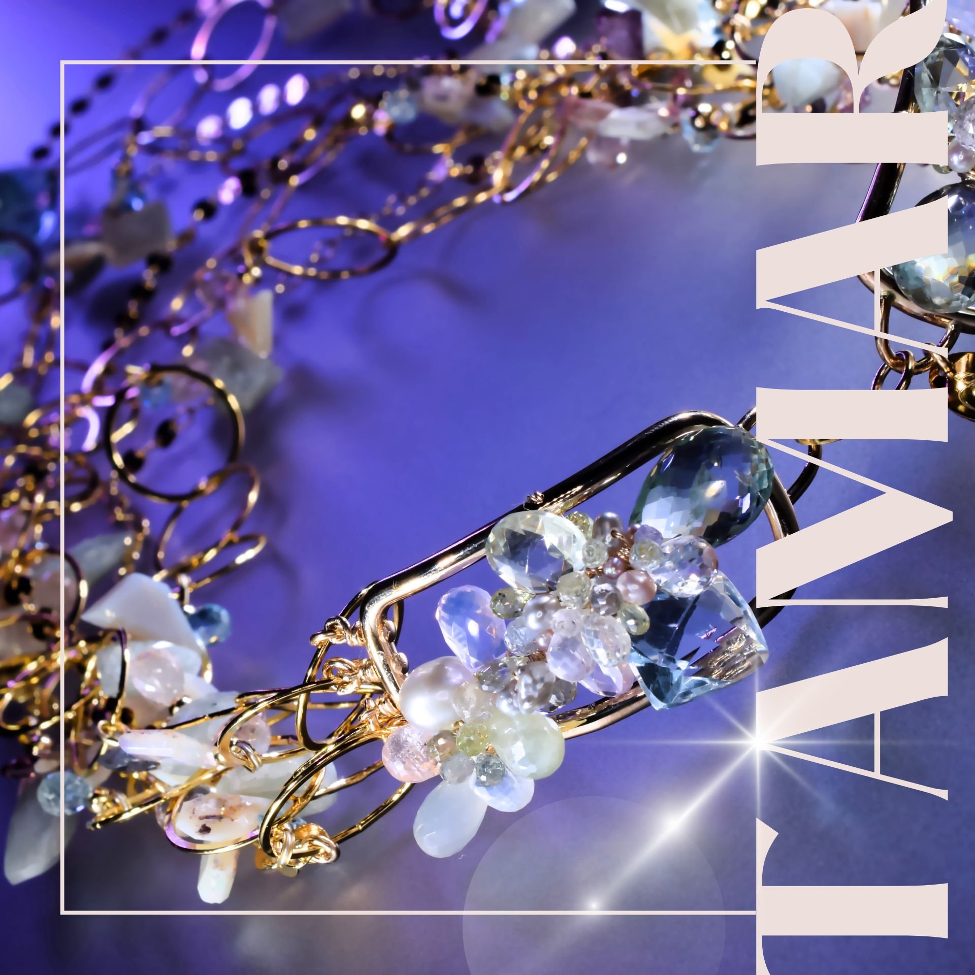 editorial image of pastel jewelry on a purple background with the words TAMAR
