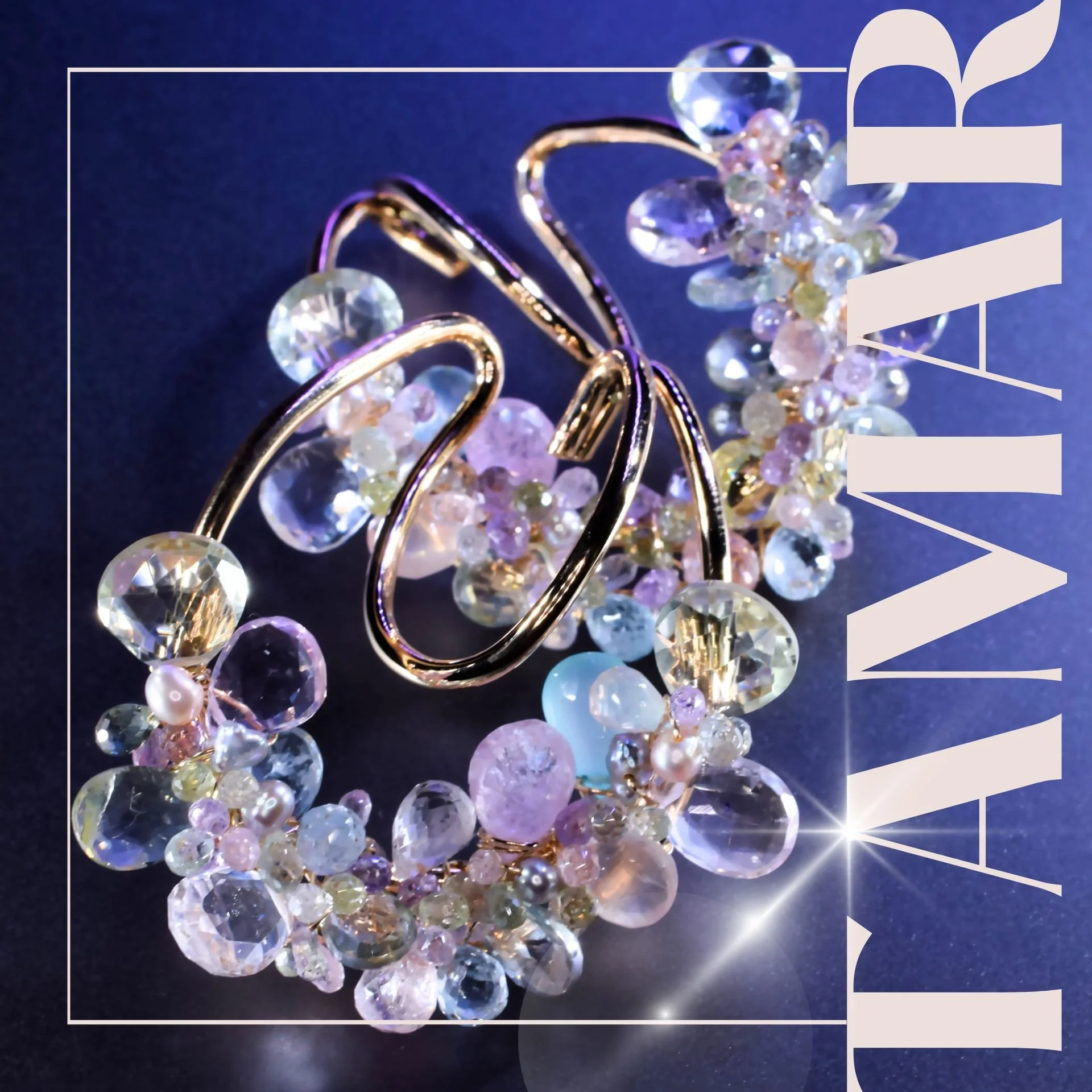 editorial image of pastel jewelry on a purple background with the words TAMAR