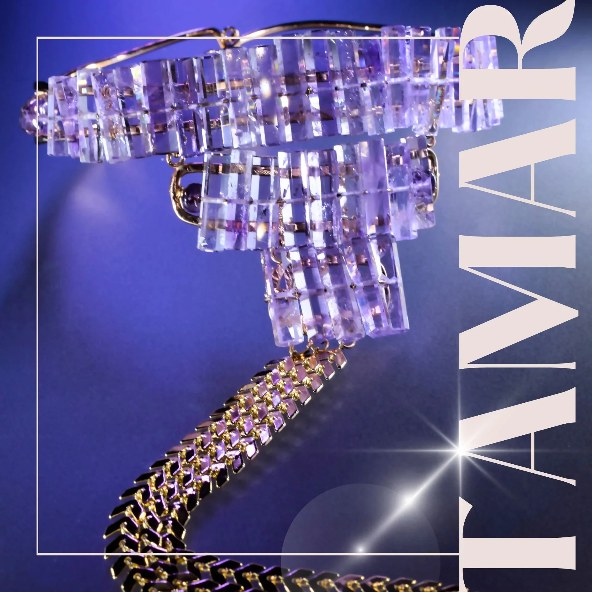 editorial image of pastel jewelry on a purple background with the words TAMAR